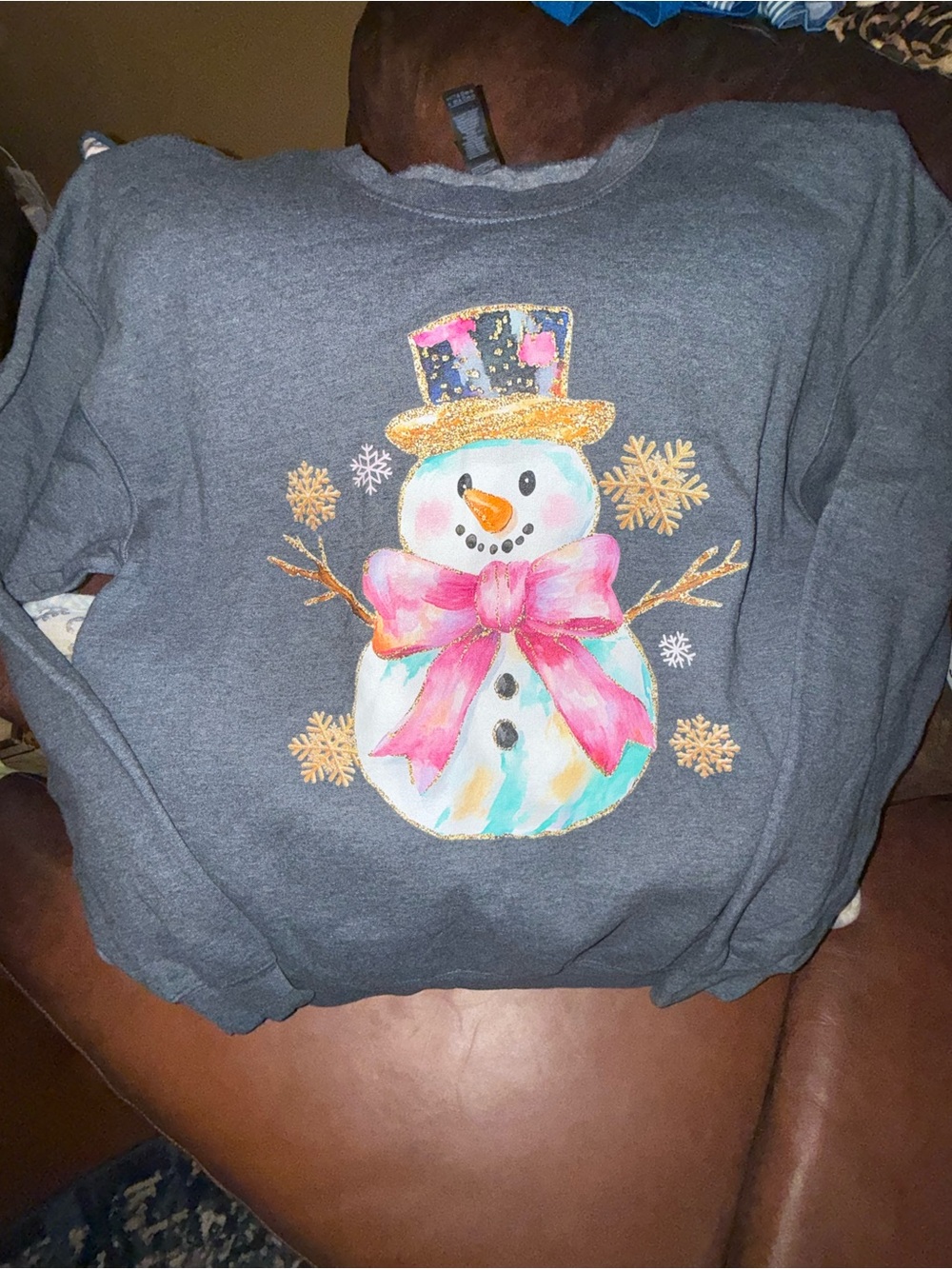 Gildan Dark Gray Snowman Sweatshirt with Pink Bow and Gold Accents